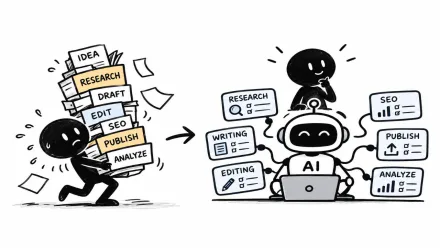 小黑独自搬运研究、写作、编辑、SEO、发布与分析任务，转变为由 AI 统筹执行、小黑负责判断的协作方式